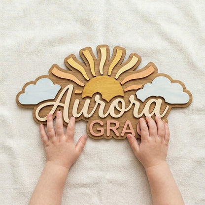 Personalized Sun Wooden Name Sign, Custom Baby Name Wall Decor, Boho Nursery Decor, Sunshine Kids Room Sign, Girl Name Sign Gift