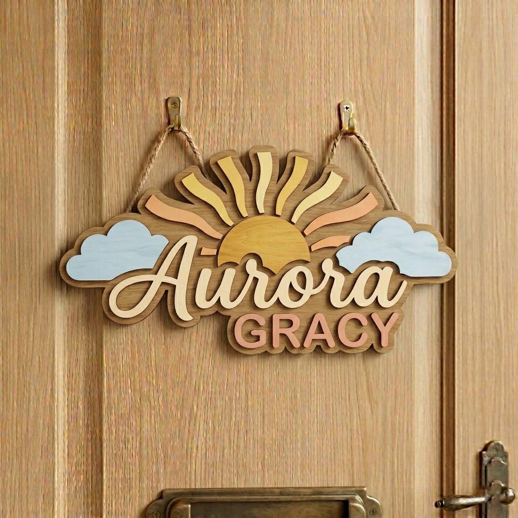 Personalized Sun Wooden Name Sign, Custom Baby Name Wall Decor, Boho Nursery Decor, Sunshine Kids Room Sign, Girl Name Sign Gift