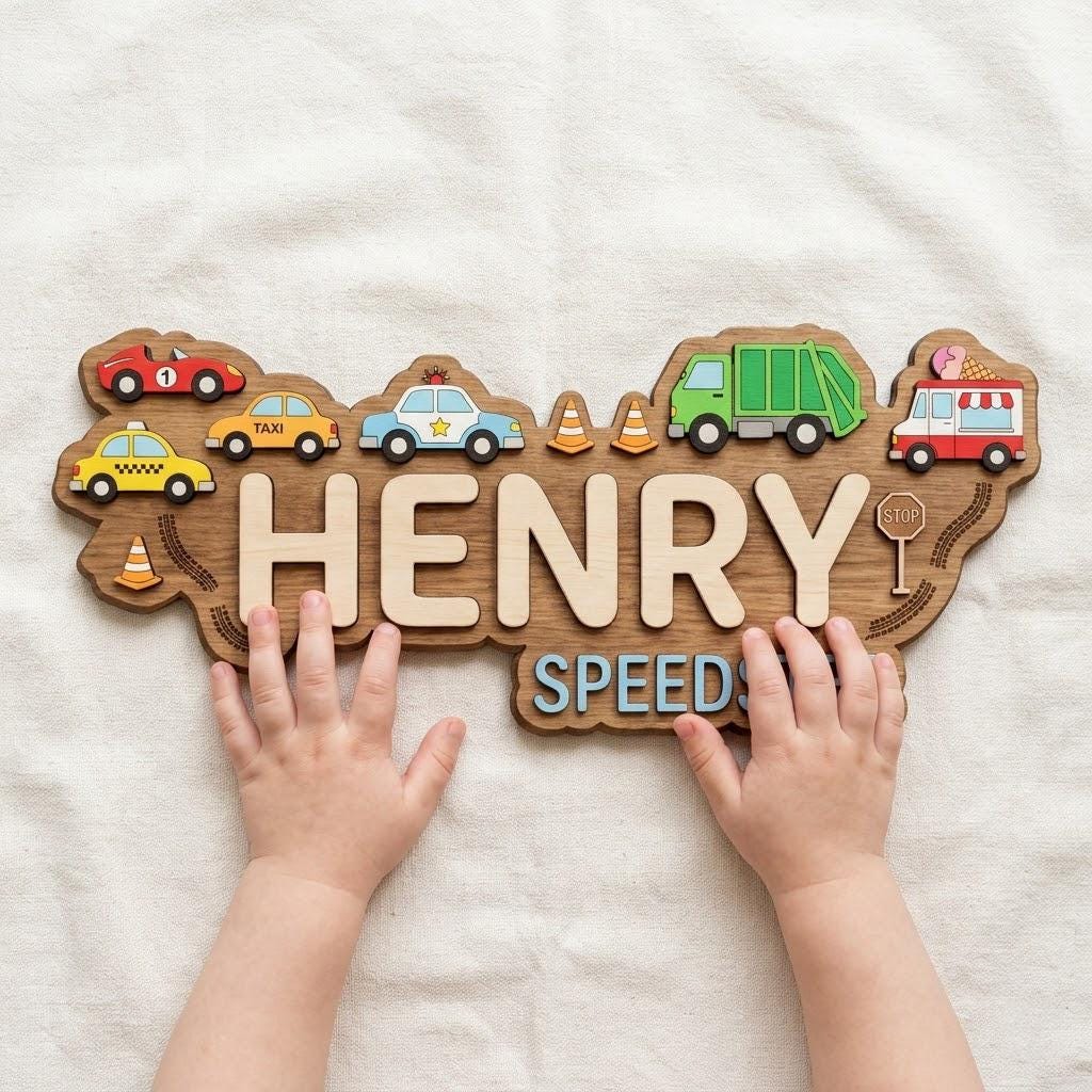 Personalized Wooden Name Sign for Kids Room, Car Theme Nursery Decor, Custom Boy Name Wall Art, Toddler Bedroom Decor, Baby Gift