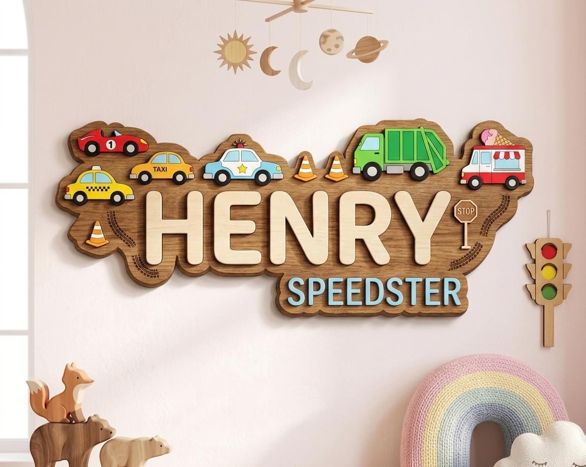Personalized Wooden Name Sign for Kids Room, Car Theme Nursery Decor, Custom Boy Name Wall Art, Toddler Bedroom Decor, Baby Gift