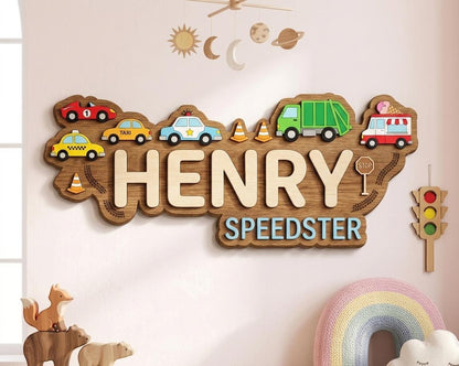 Personalized Wooden Name Sign for Kids Room, Car Theme Nursery Decor, Custom Boy Name Wall Art, Toddler Bedroom Decor, Baby Gift