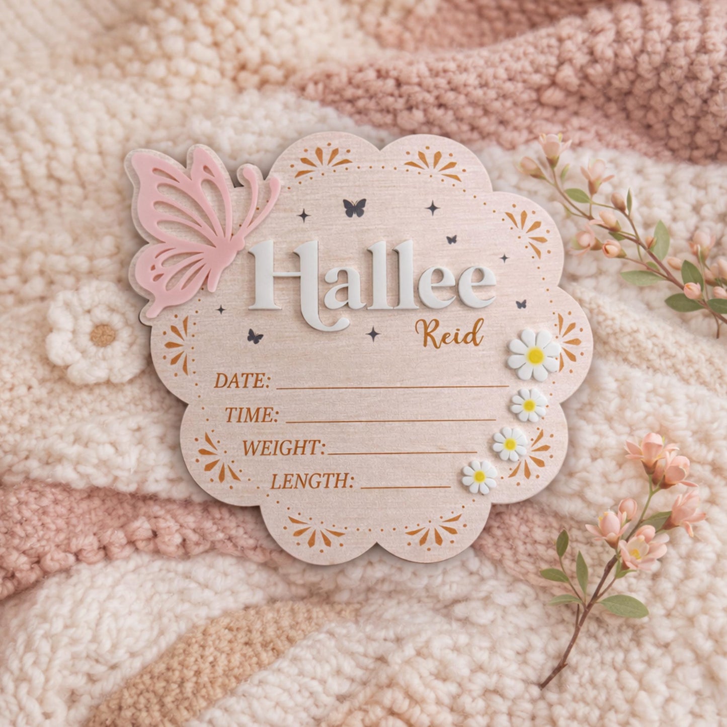 Personalized Wooden Birth Announcement Sign With Butterfly, Baby Announcement Sign Hospital, Baby Name Sign, Birth Stat Sign, Newborn Sign