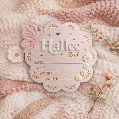 Personalized Wooden Birth Announcement Sign With Butterfly, Baby Announcement Sign Hospital, Baby Name Sign, Birth Stat Sign, Newborn Sign