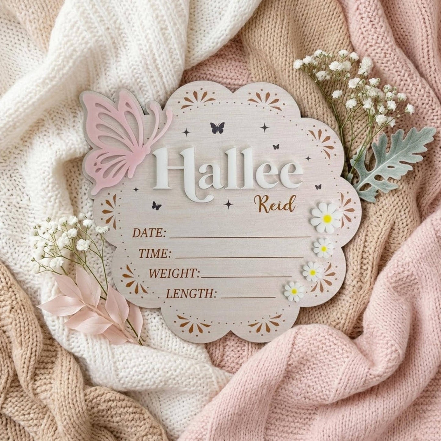 Personalized Wooden Birth Announcement Sign With Butterfly, Baby Announcement Sign Hospital, Baby Name Sign, Birth Stat Sign, Newborn Sign