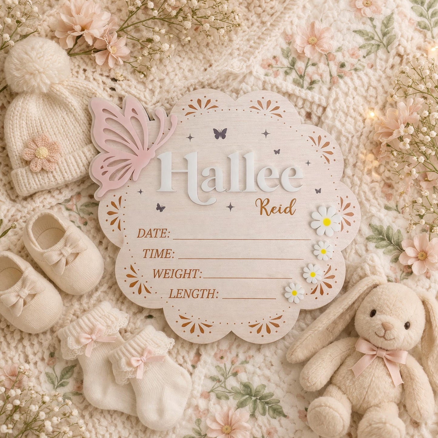 Personalized Wooden Birth Announcement Sign With Butterfly, Baby Announcement Sign Hospital, Baby Name Sign, Birth Stat Sign, Newborn Sign