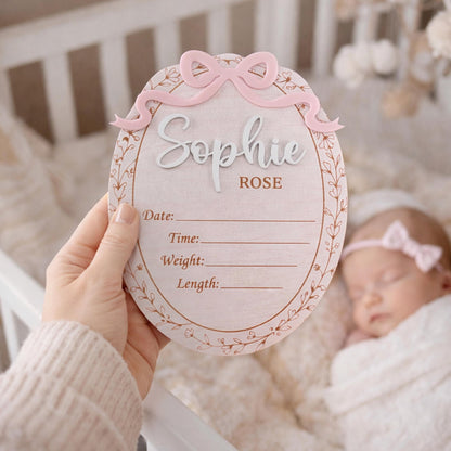 Cute Baby Girl Birth Announcement Sign, Bow Birth Stat Keepsake, Birth Announcement, Name Sign Announcement Plaque with Bow