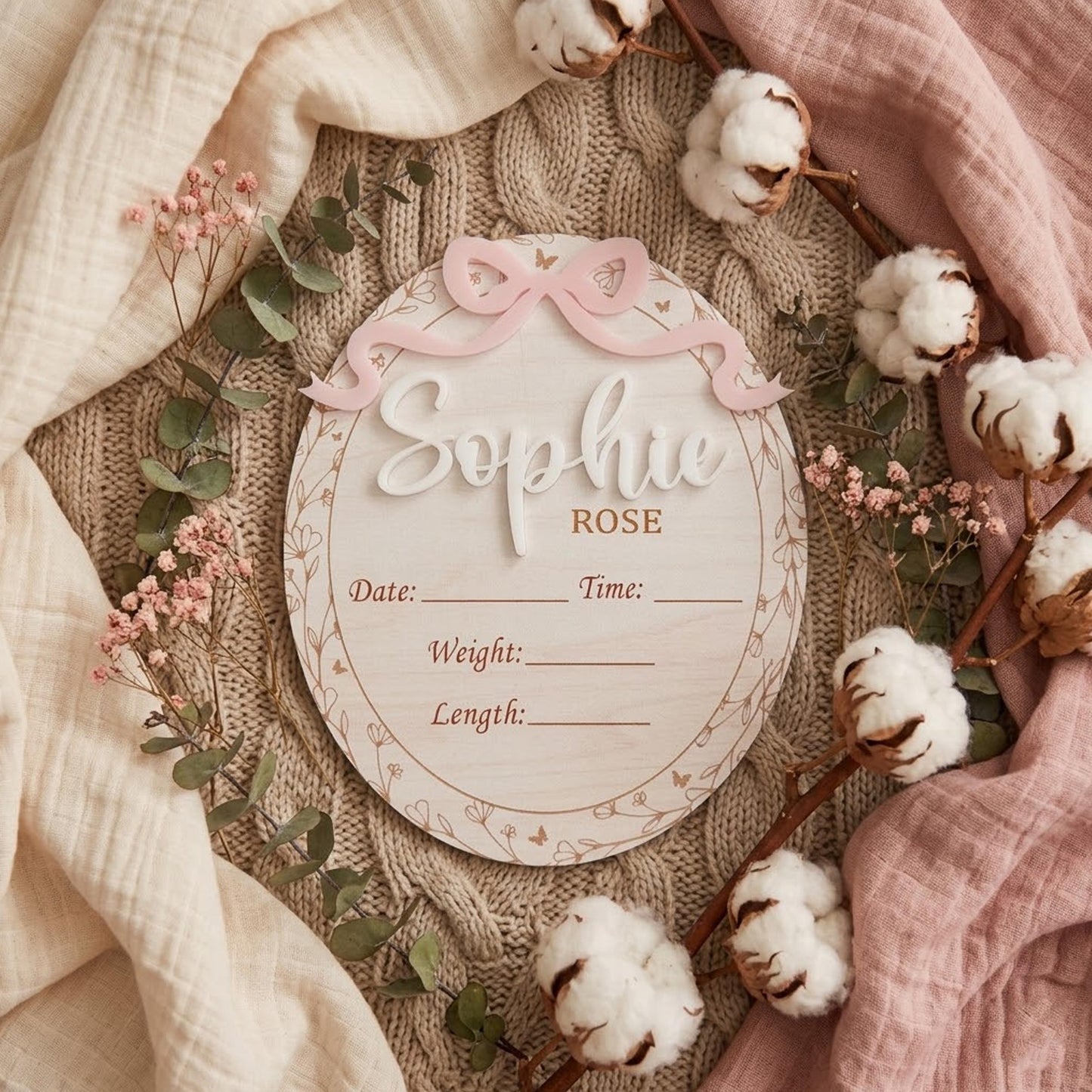 Cute Baby Girl Birth Announcement Sign, Bow Birth Stat Keepsake, Birth Announcement, Name Sign Announcement Plaque with Bow