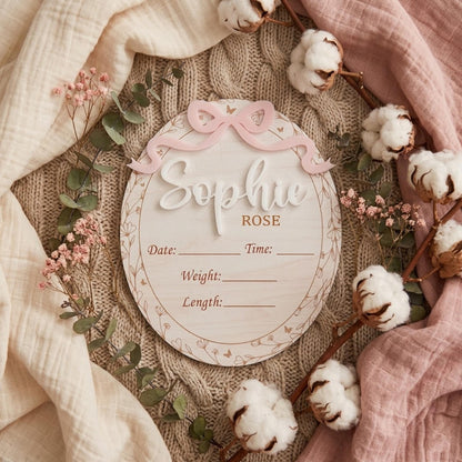 Cute Baby Girl Birth Announcement Sign, Bow Birth Stat Keepsake, Birth Announcement, Name Sign Announcement Plaque with Bow