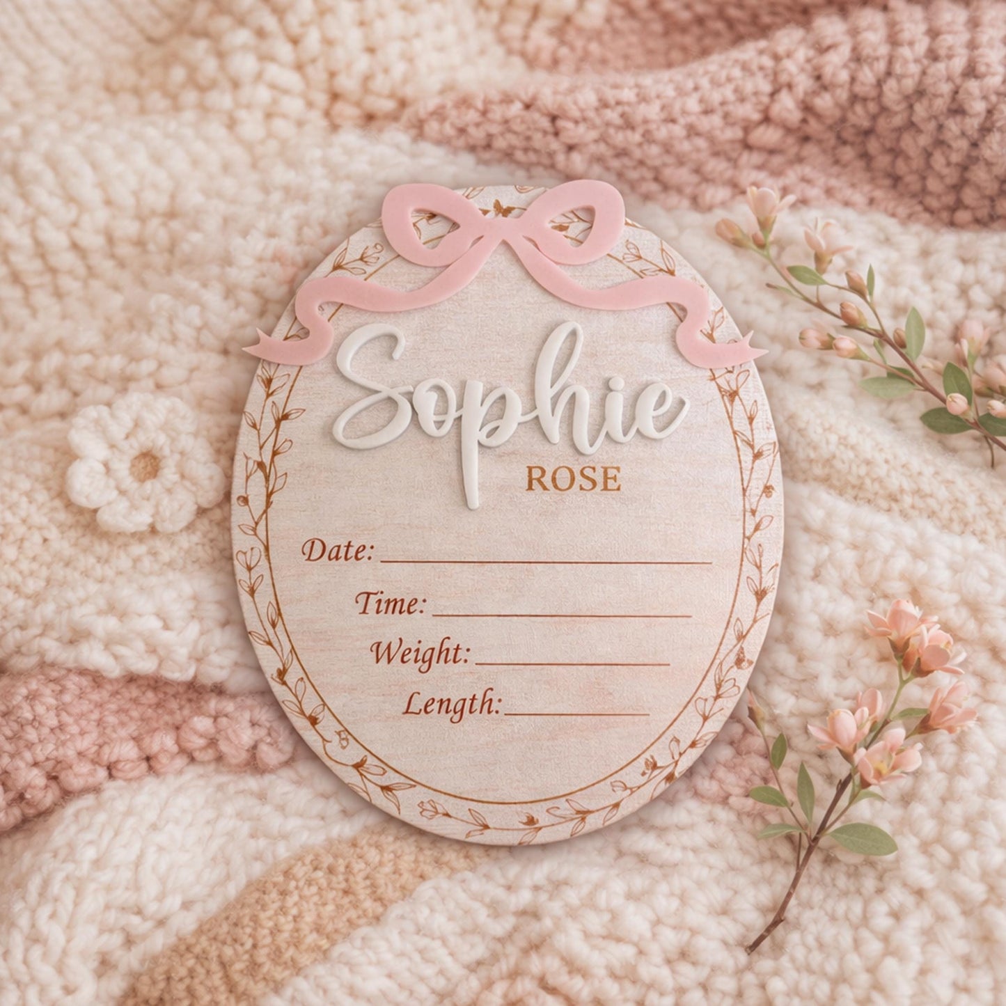 Cute Baby Girl Birth Announcement Sign, Bow Birth Stat Keepsake, Birth Announcement, Name Sign Announcement Plaque with Bow