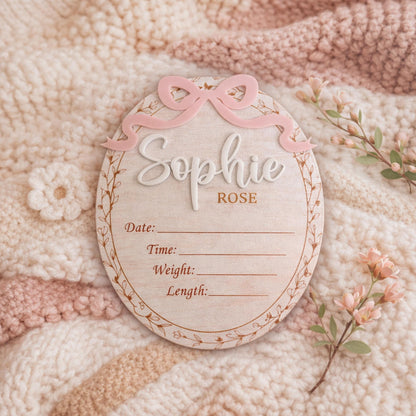 Cute Baby Girl Birth Announcement Sign, Bow Birth Stat Keepsake, Birth Announcement, Name Sign Announcement Plaque with Bow