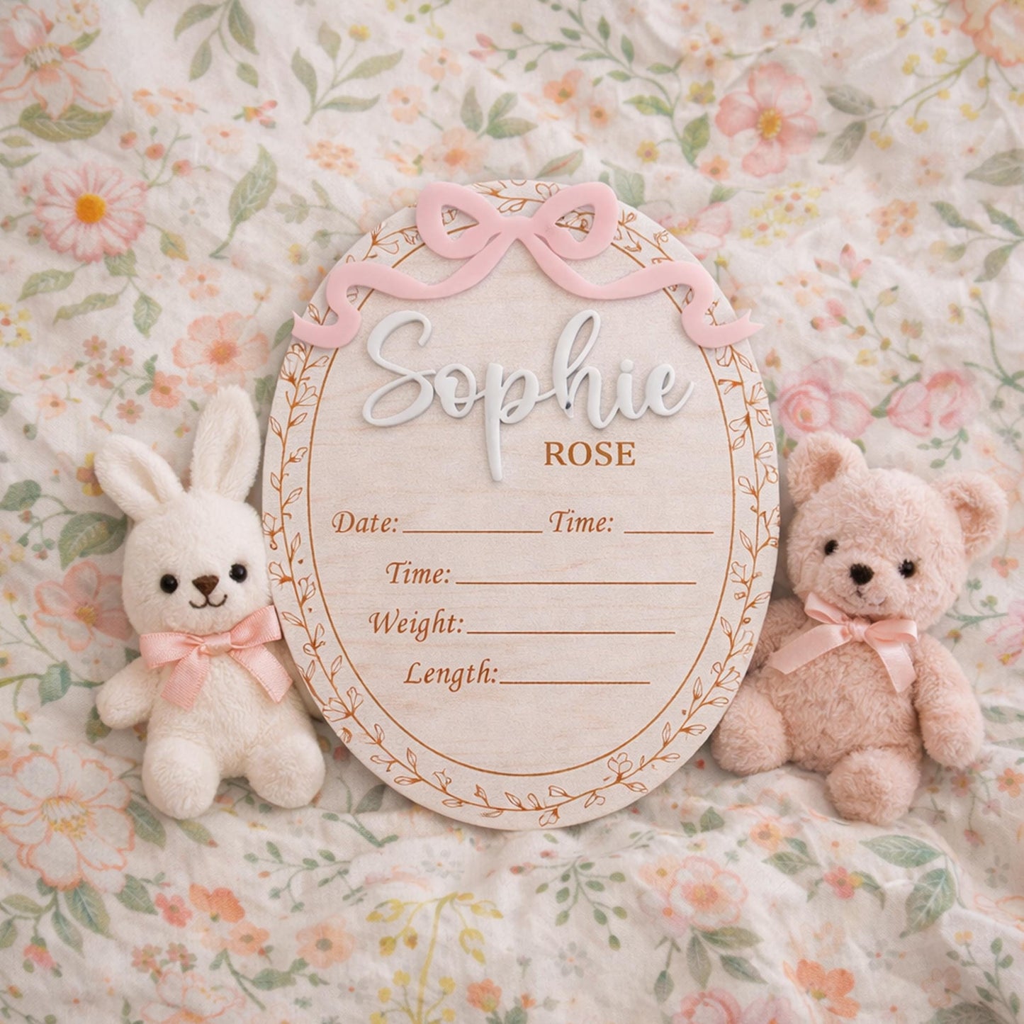 Cute Baby Girl Birth Announcement Sign, Bow Birth Stat Keepsake, Birth Announcement, Name Sign Announcement Plaque with Bow