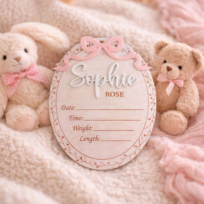 Cute Baby Girl Birth Announcement Sign, Bow Birth Stat Keepsake, Birth Announcement, Name Sign Announcement Plaque with Bow