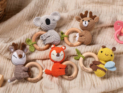 Personalized Crochet Animal Baby Rattle, Wooden Grasping Toy, Baby Shower Gift