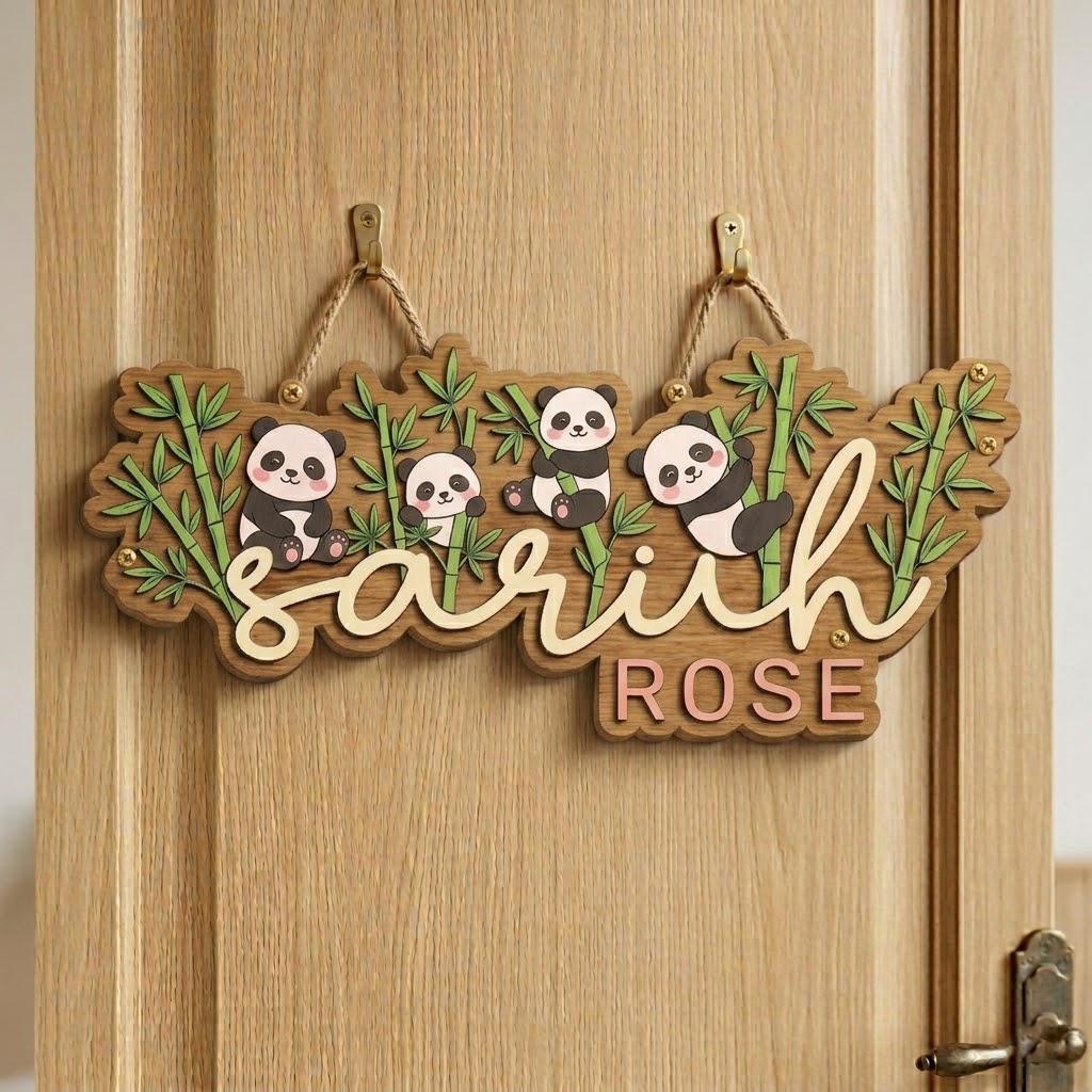 Personalized Panda Wooden Name Sign for Kids Room, Custom Baby Name Wall Decor, Nursery Panda Decor, Bamboo Animal Kids Name Sign Gift