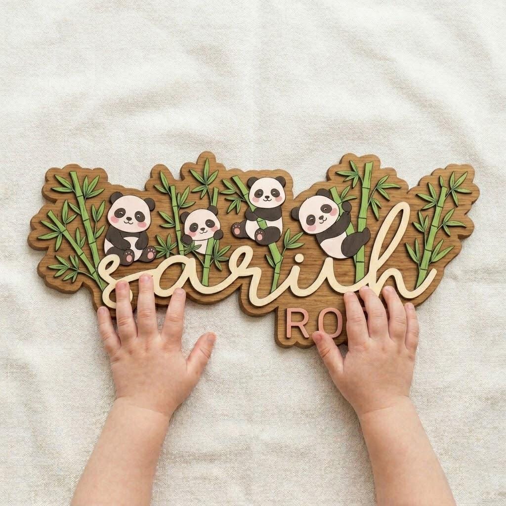 Personalized Panda Wooden Name Sign for Kids Room, Custom Baby Name Wall Decor, Nursery Panda Decor, Bamboo Animal Kids Name Sign Gift