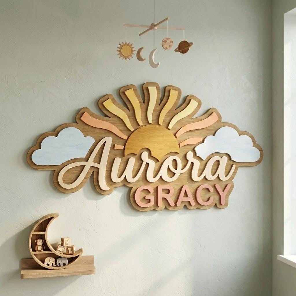 Personalized Sun Wooden Name Sign, Custom Baby Name Wall Decor, Boho Nursery Decor, Sunshine Kids Room Sign, Girl Name Sign Gift