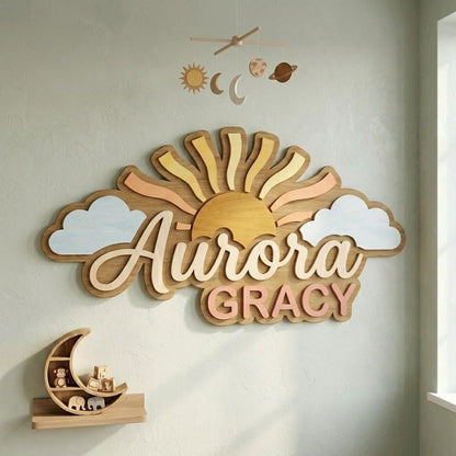 Personalized Sun Wooden Name Sign, Custom Baby Name Wall Decor, Boho Nursery Decor, Sunshine Kids Room Sign, Girl Name Sign Gift