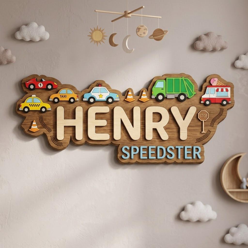Personalized Wooden Name Sign for Kids Room, Car Theme Nursery Decor, Custom Boy Name Wall Art, Toddler Bedroom Decor, Baby Gift