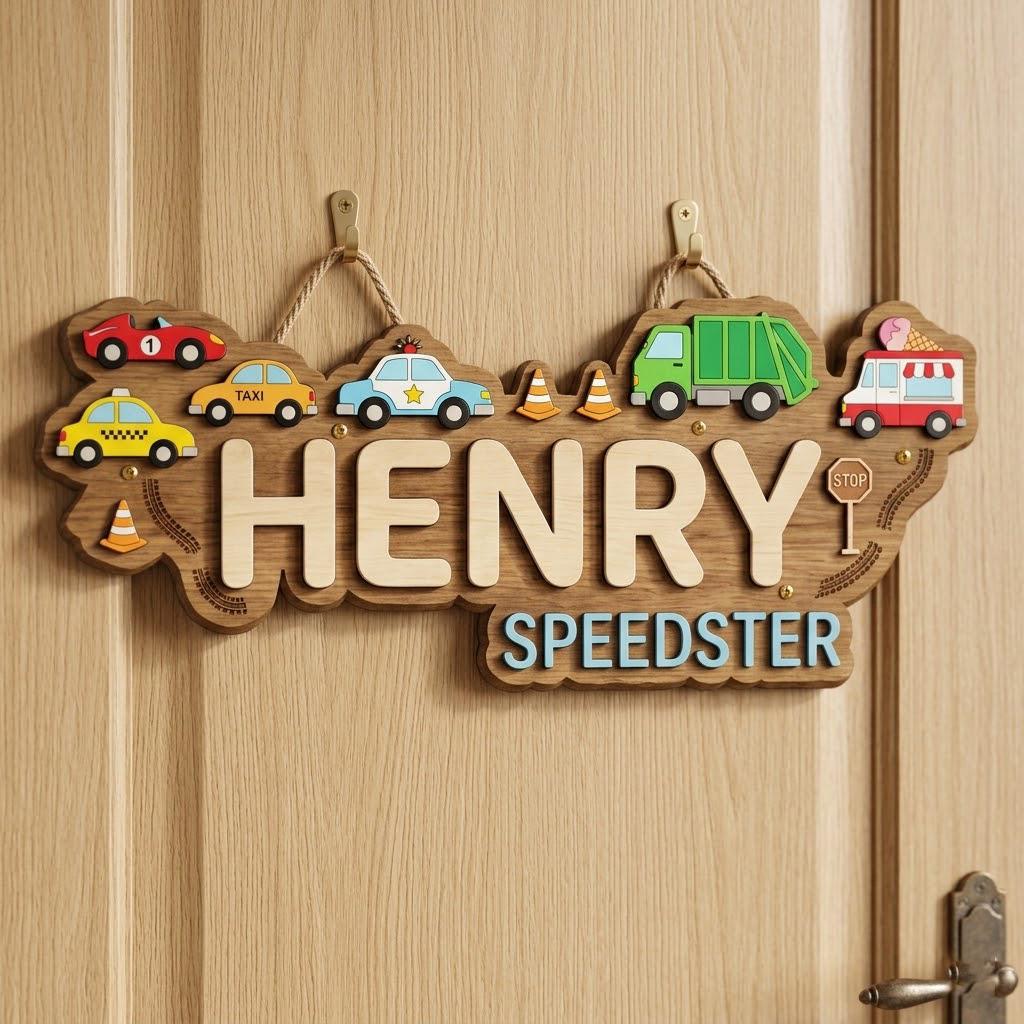 Personalized Wooden Name Sign for Kids Room, Car Theme Nursery Decor, Custom Boy Name Wall Art, Toddler Bedroom Decor, Baby Gift