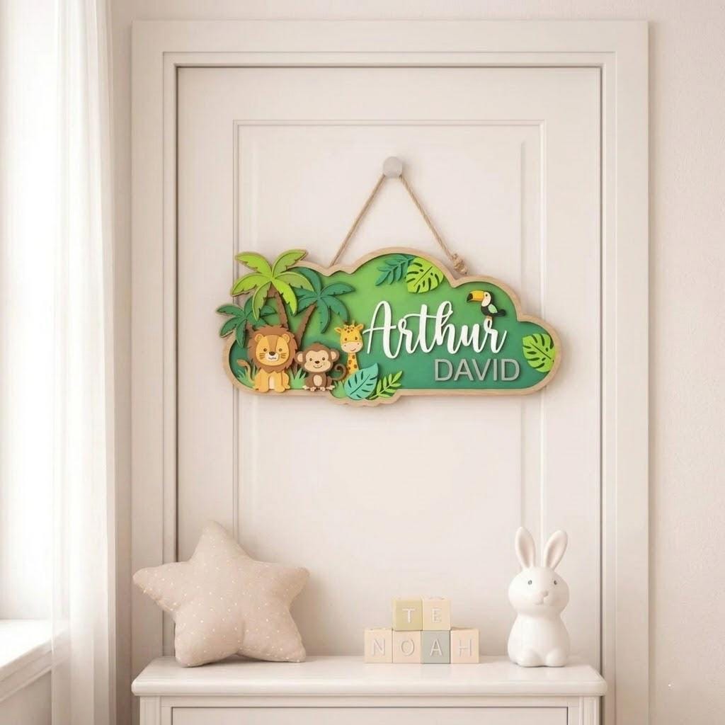 Safari Jungle Nursery Name Sign, 3D Wooden Baby Door Hanger, Personalized Lion Monkey Wall Decor, Baby Boy Room Door Sign, Newborn Gift Sign