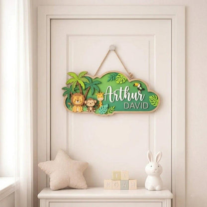 Safari Jungle Nursery Name Sign, 3D Wooden Baby Door Hanger, Personalized Lion Monkey Wall Decor, Baby Boy Room Door Sign, Newborn Gift Sign