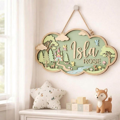Personalized Fairy Forest Nursery Name Sign, 3D Wooden Baby Door Hanger, Woodland Castle Wall Decor, Baby Girl Room Decor Gift Sign
