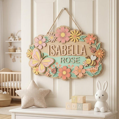 Personalized Butterfly Baby Name Sign, 3D Wooden Floral Nursery Wall Decor, Baby Girl Door Hanger, Custom Newborn Baby Shower Gift for Girls
