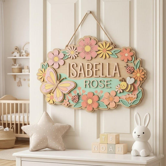 Personalized Butterfly Baby Name Sign, 3D Wooden Floral Nursery Wall Decor, Baby Girl Door Hanger, Custom Newborn Baby Shower Gift for Girls
