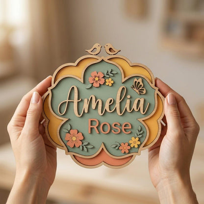 Personalized Baby Name Sign, 3D Wooden Floral Nursery Wall Decor, Custom Girl Door Hanger, Bird Butterfly Newborn Baby Shower Gift For Girls