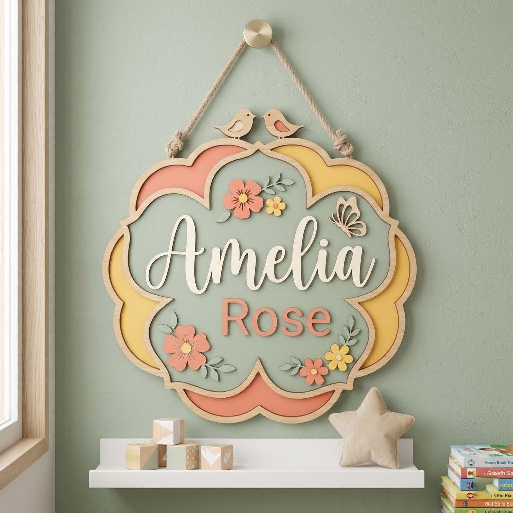 Personalized Baby Name Sign, 3D Wooden Floral Nursery Wall Decor, Custom Girl Door Hanger, Bird Butterfly Newborn Baby Shower Gift For Girls