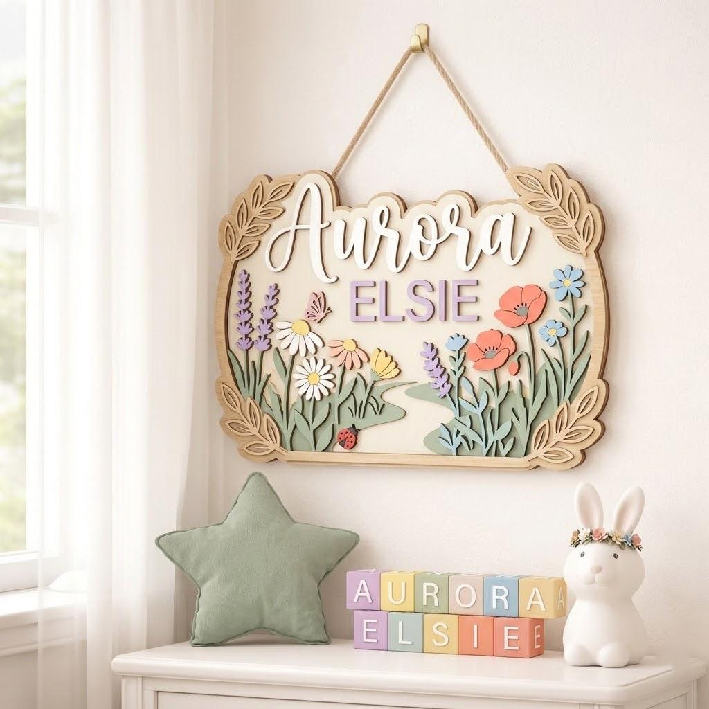 Personalized Wildflower Baby Name Sign, 3D Wooden Nursery Wall Decor, Custom Girl Door Hanger, Floral Newborn Baby Shower Gift for Baby Girl