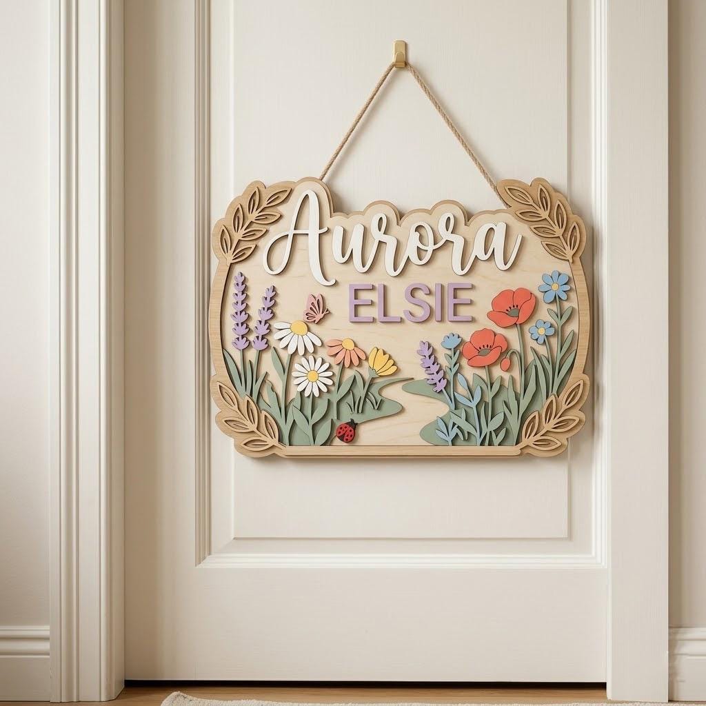 Personalized Wildflower Baby Name Sign, 3D Wooden Nursery Wall Decor, Custom Girl Door Hanger, Floral Newborn Baby Shower Gift for Baby Girl