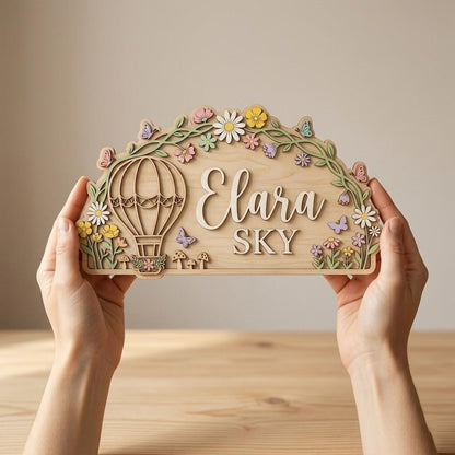Personalized Hot Air Balloon Baby Name Sign, 3D Wooden Floral Nursery Wall Decor, Custom Girl Door Hanger, Baby Shower Gift for Nursery Room