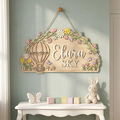 Personalized Hot Air Balloon Baby Name Sign, 3D Wooden Floral Nursery Wall Decor, Custom Girl Door Hanger, Baby Shower Gift for Nursery Room