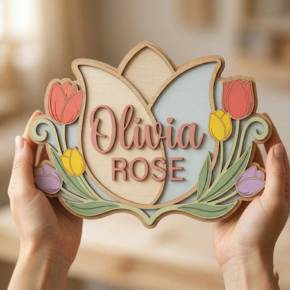 Personalized Tulip Baby Name Sign, 3D Wooden Nursery Wall Decor, Custom Baby Girl Door Hanger, Floral Newborn Baby Shower Gift for Baby Girl