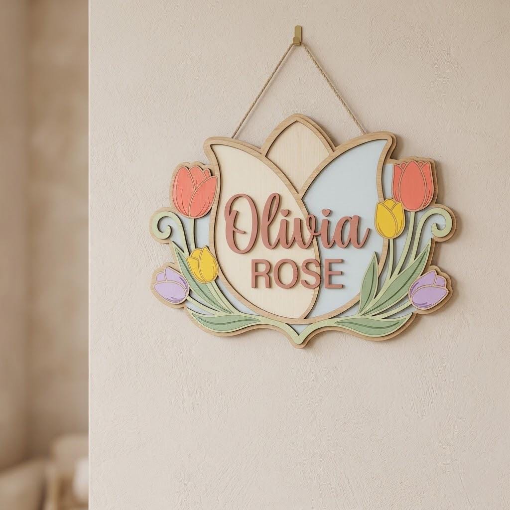 Personalized Tulip Baby Name Sign, 3D Wooden Nursery Wall Decor, Custom Baby Girl Door Hanger, Floral Newborn Baby Shower Gift for Baby Girl