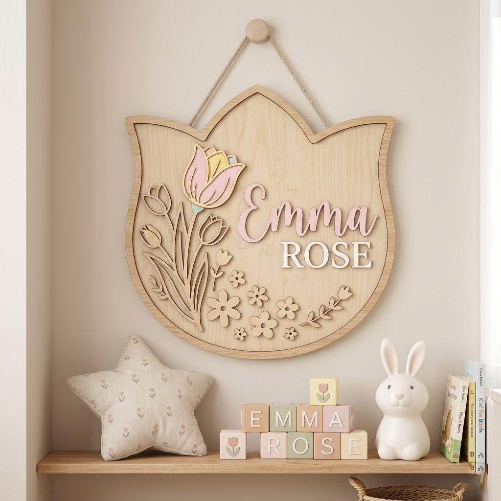 Personalized Tulip Baby Name Sign 3D Wooden Boho Nursery Wall Decor, Custom Girl Door Hanger, Floral Newborn Baby Shower Gift for Girls Room