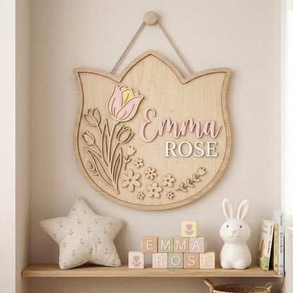 Personalized Tulip Baby Name Sign 3D Wooden Boho Nursery Wall Decor, Custom Girl Door Hanger, Floral Newborn Baby Shower Gift for Girls Room