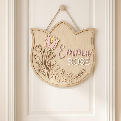 Personalized Tulip Baby Name Sign 3D Wooden Boho Nursery Wall Decor, Custom Girl Door Hanger, Floral Newborn Baby Shower Gift for Girls Room