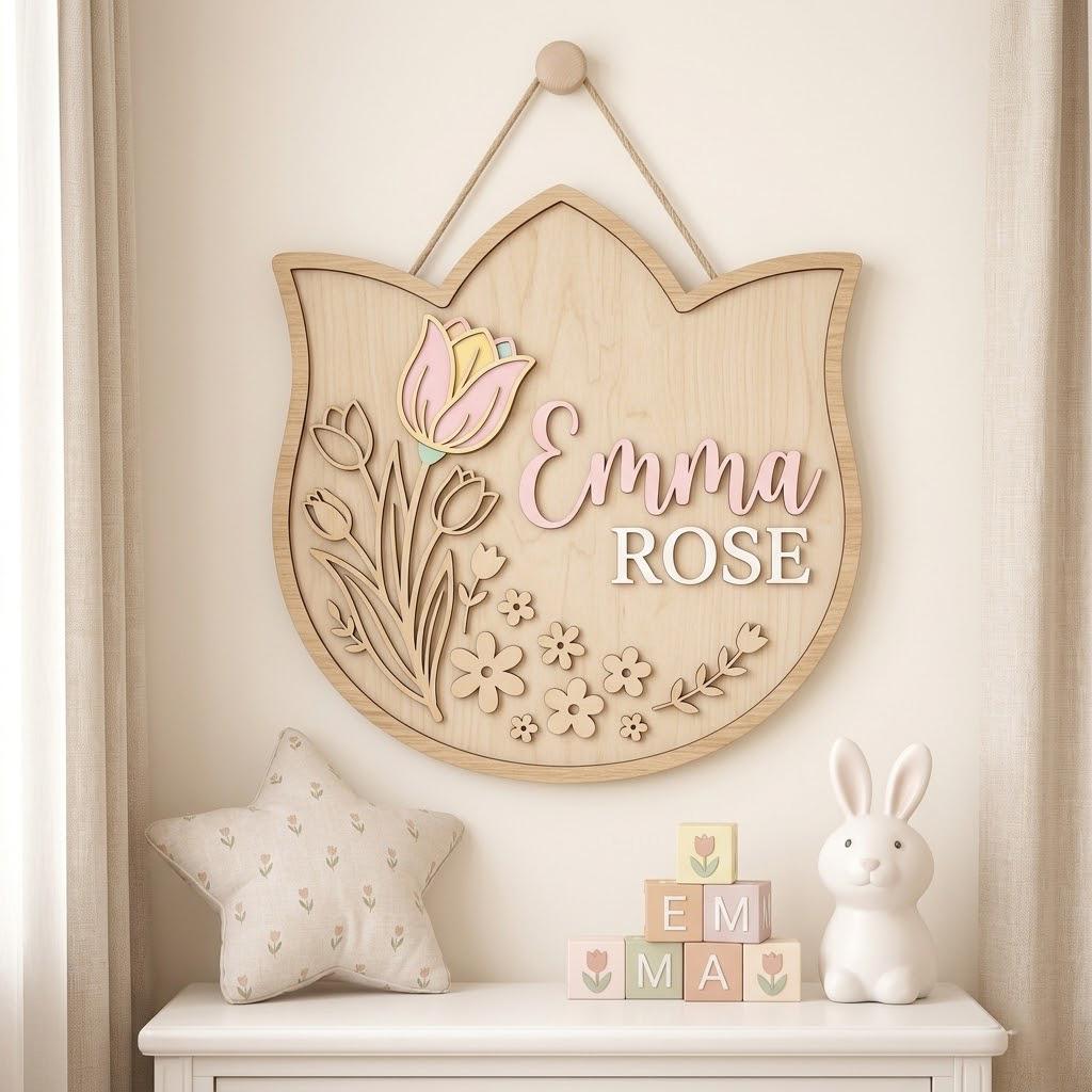 Personalized Tulip Baby Name Sign 3D Wooden Boho Nursery Wall Decor, Custom Girl Door Hanger, Floral Newborn Baby Shower Gift for Girls Room