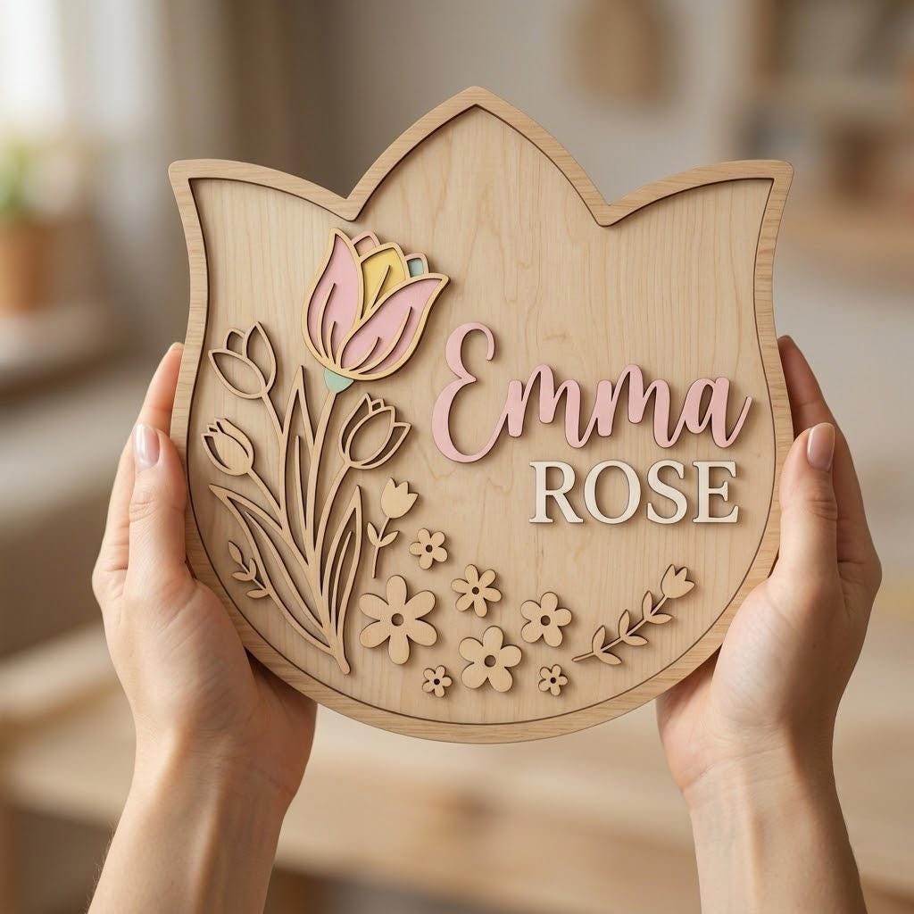 Personalized Tulip Baby Name Sign 3D Wooden Boho Nursery Wall Decor, Custom Girl Door Hanger, Floral Newborn Baby Shower Gift for Girls Room