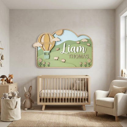 Personalized Hot Air Balloon Baby Name Sign, 3D Wooden Nursery Wall Decor, Custom Boy Door Hanger, Farm Animal Baby Shower Gift for Boy Room