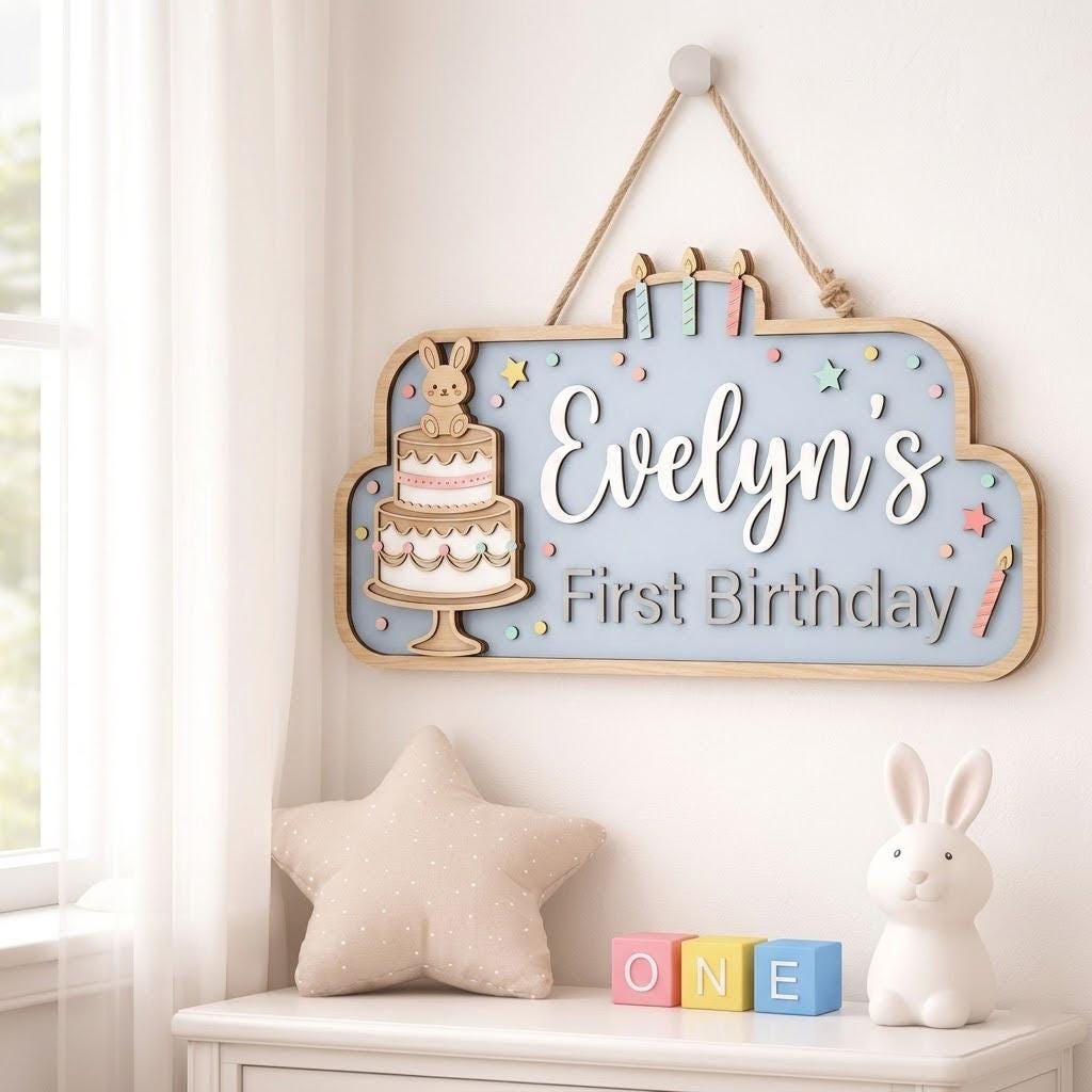 Personalized First Birthday Name Sign, 3D Wooden Bunny Cake Nursery Wall Decor, Custom Baby Door Hanger, One Year Old Party Decor, Baby Gift