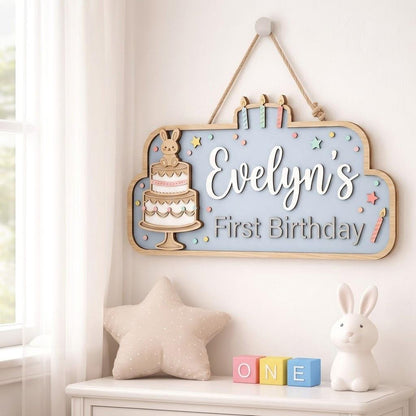 Personalized First Birthday Name Sign, 3D Wooden Bunny Cake Nursery Wall Decor, Custom Baby Door Hanger, One Year Old Party Decor, Baby Gift