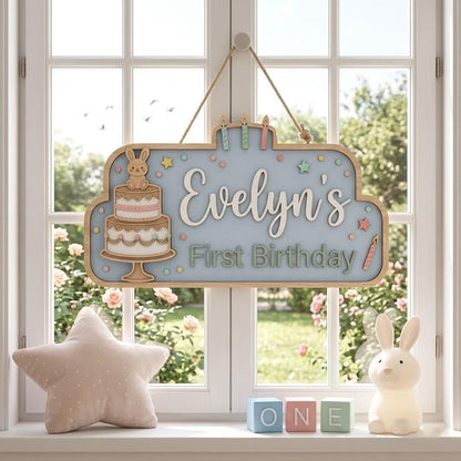 Personalized First Birthday Name Sign, 3D Wooden Bunny Cake Nursery Wall Decor, Custom Baby Door Hanger, One Year Old Party Decor, Baby Gift