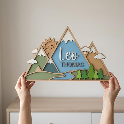 Personalized Mountain Baby Name Sign, 3D Wooden Adventure Nursery Wall Decor, Custom Boy Door Hanger, Outdoor Baby Shower Gift for Boys Room