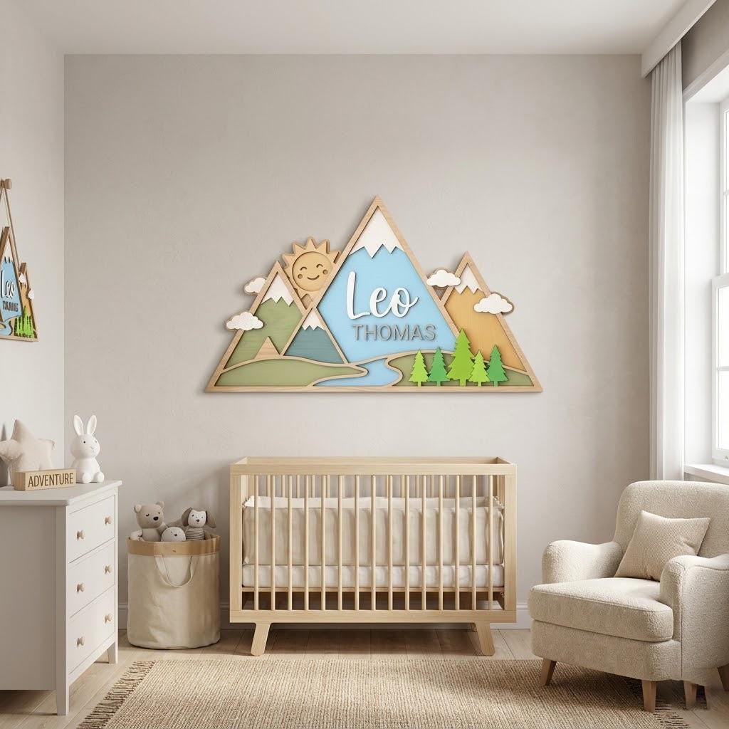 Personalized Mountain Baby Name Sign, 3D Wooden Adventure Nursery Wall Decor, Custom Boy Door Hanger, Outdoor Baby Shower Gift for Boys Room