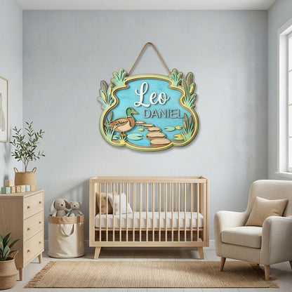 Personalized Duck Pond Baby Name Sign, 3D Wooden Nursery Wall Decor, Custom Boy Door Hanger, Farm Animal Newborn Gift, Baby Shower Decor Art
