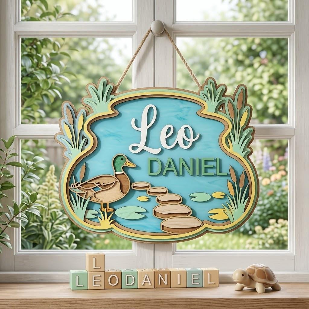 Personalized Duck Pond Baby Name Sign, 3D Wooden Nursery Wall Decor, Custom Boy Door Hanger, Farm Animal Newborn Gift, Baby Shower Decor Art
