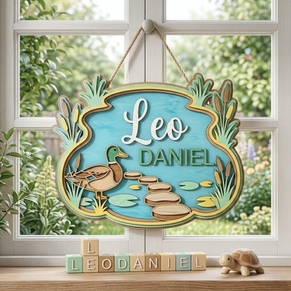 Personalized Duck Pond Baby Name Sign, 3D Wooden Nursery Wall Decor, Custom Boy Door Hanger, Farm Animal Newborn Gift, Baby Shower Decor Art